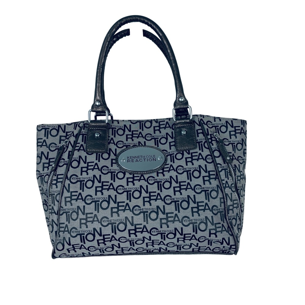 Kenneth Cole Reaction Logo Canvas Tote Bag Metallic Bronze Trim Gray Black